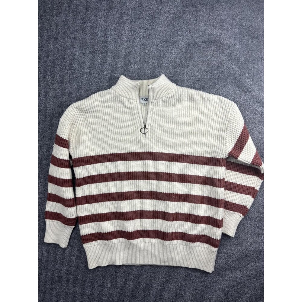BKE Sweater Womens Small White Brown Stripe Mock Neck Half Zip Knit Pullover
